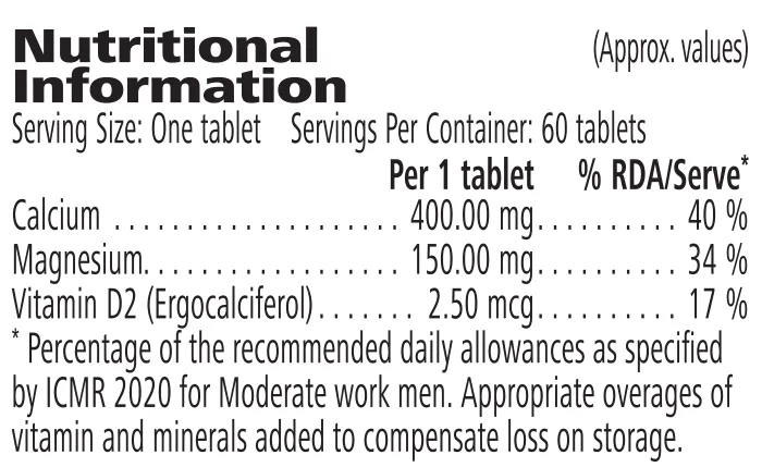 Nutrition information label for Herbalife Calcium Tablets