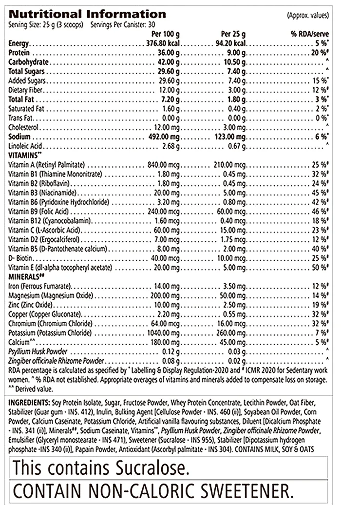 Nutrition information label for Formula 1 Nutritional Shake Mix